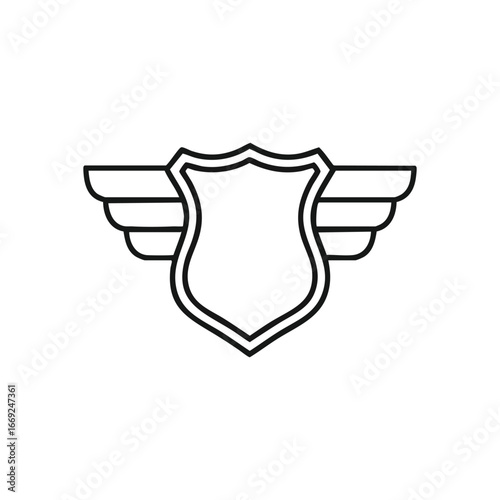 Winged Shield Crest Design. This minimalist logomark showcases a traditional blazon with feathered appendages, signifying guardianship, aspiration, and independence. Versatile graphic.