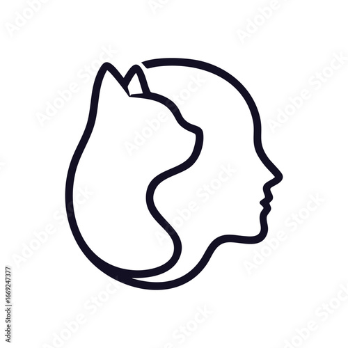 Human and Cat Profile Illusion. An elegant graphic showing a feline silhouette that cleverly reveals a human profile in negative space. It symbolizes companionship and the deep bond between humans.