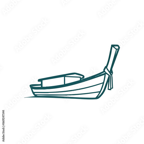 Longtail Boat Emblem Design. Stylized illustration of a traditional Southeast Asian vessel. Evokes journeys, exploration, and tranquil tropical locales.