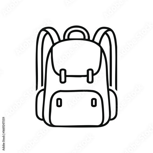 Minimalist Backpack Outline Symbol. This clean graphic depicts a versatile accessory, representing journeys, education, and daily essentials. Ideal for travel or learning themes.