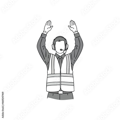Airport Marshaller Hand Signal. An illustration of a dedicated worker in a safety vest displaying a crucial gesture, conveying precise instructions or operational guidance. This embodies control and.
