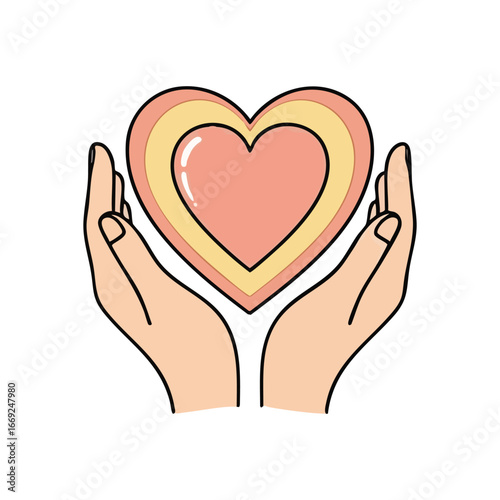 Gentle Hands Offer Loving Heart. This beautiful image portrays a pair of palms cradling a tender symbol of affection. It represents care, compassion, and selfless giving.