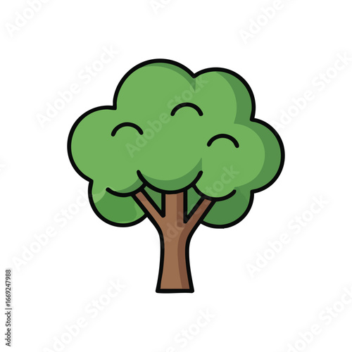 Smiling Cartoon Tree Illustration. A cheerful arboreal image featuring verdant foliage and a brown trunk on a dark background. This delightful character embodies growth and positivity.