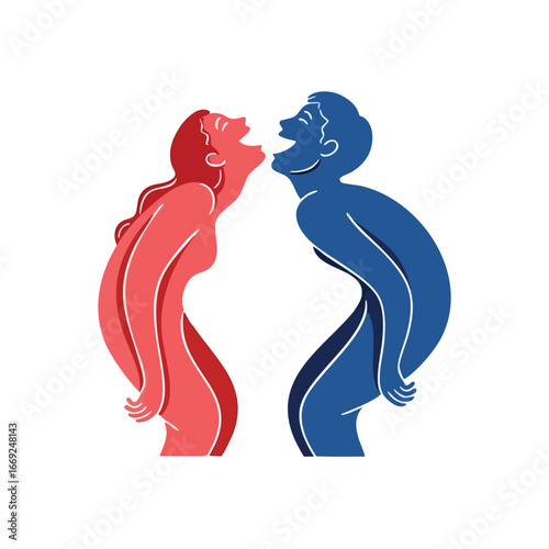 Shared Joyful Communication. Two abstract figures in vivid colors engage in loud mirth, conveying genuine happiness and an intimate bond. This illustration symbolizes expressive connections and.