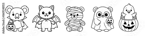 Cute Halloween Animals Coloring Page Set 2, A set of adorable Halloween-themed coloring pages featuring cute animals dressed up in spooky costumes. Perfect for kids' Halloween activities