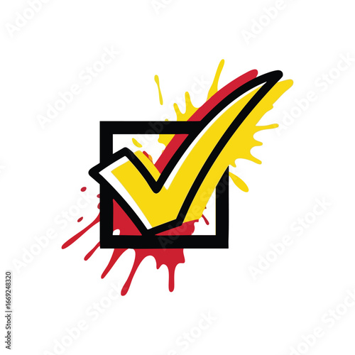Dynamic Checkmark Splash Art. This energetic graphic features a bold yellow tick mark within a white frame. Red and gold pigment bursts symbolize triumph, approval, and creative accomplishment.