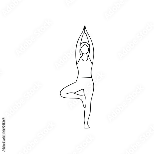 Mindful Yoga Tree Pose Icon. Minimalist illustration of a person practicing Vrksasana, symbolizing inner peace, strength, and serene balance. Perfect for health and wellness themes.