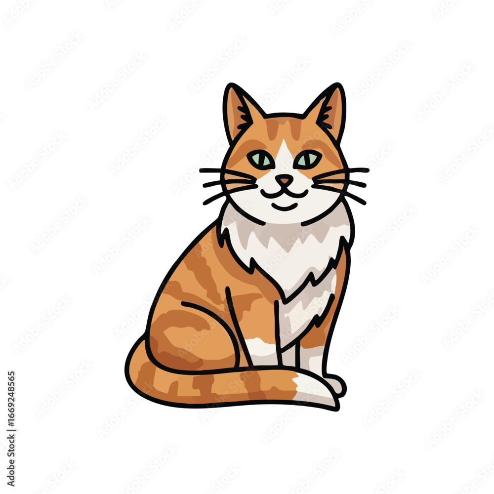 Obraz premium Cute Smiling Orange Cat Illustration. A cheerful feline creature with vibrant ginger fur and luminous green eyes. This charming graphic evokes warmth and companionship, ideal for pet-themed designs.