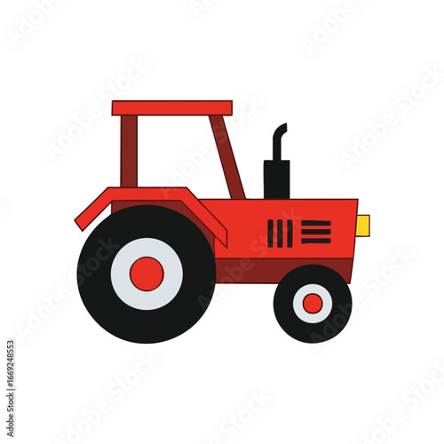Simple Red Farm Tractor Illustration. A colorful agricultural workhorse vector image. This robust vehicle symbolizes the essence of rural industry and bountiful harvests. Ideal for farming.