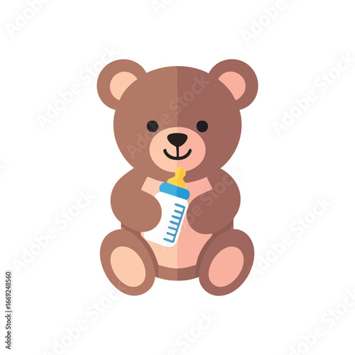 Adorable Teddy Bear with Baby Bottle. A delightful plush toy embraces a nursing feeder in this simple graphic. It represents the warmth of childhood, gentle affection, and nurturing moments.