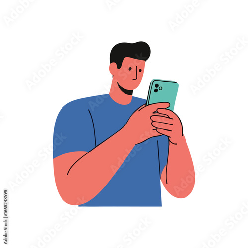 Digital Man with Mobile Phone. An animated figure holds a handheld device, symbolizing contemporary digital lifestyle and the essence of online social engagement.