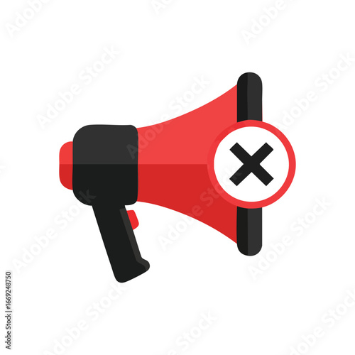 Muted Megaphone Signal. Red speaker icon with cross, symbolizing restricted communication, information suppression, or a halt to public address. Ideal for censorship or silence.
