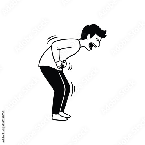 Person with Abdominal Discomfort. A stark graphic depicts a figure bent over in agony, clutching their belly, representing various internal health issues and physical suffering.