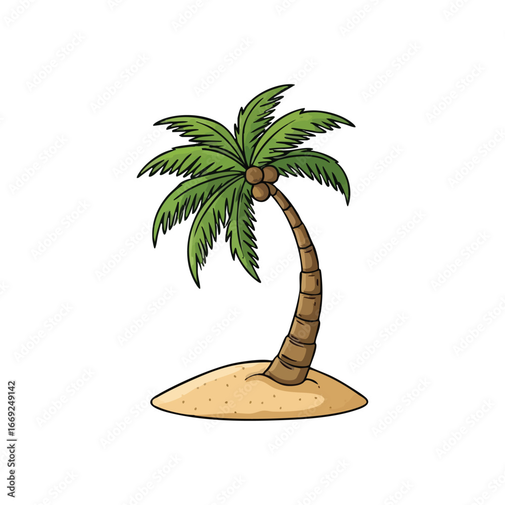 Fototapeta premium Vibrant Island Palm Artwork. This delightful cartoon depiction of a coconut tree on a small sandy mound symbolizes escape and serene summer holidays. Perfect for vacation themes.