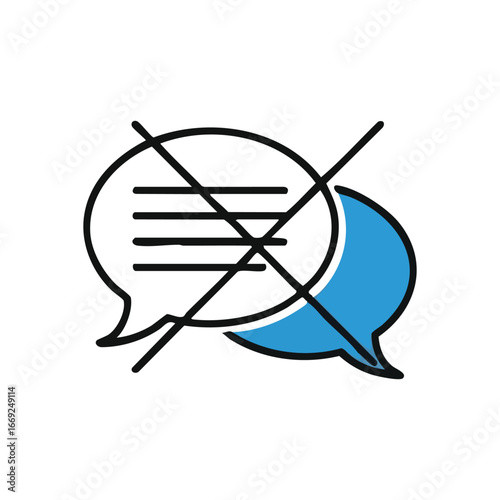 No Communication Icon. Icon depicting a crossed out speech bubble, symbolizing a complete halt to digital conversations. Represents quiet, privacy, or blocked messages.