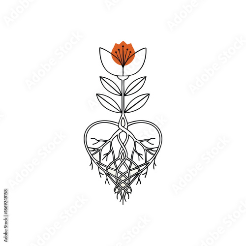 Heart Rooted Bloom Symbol. Elegant line art of a vibrant floral with deep foundations forming a heart. This artistic emblem signifies enduring affection, organic flourishing, and vital connections.