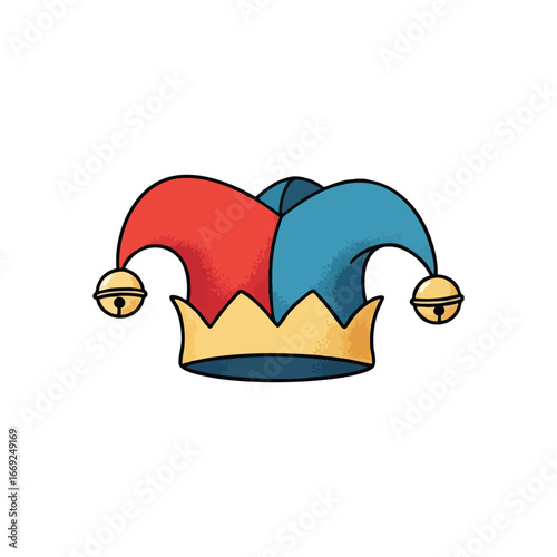 Cartoon Jester Hat with Golden Bells. Vibrant medieval fool's headwear featuring two little chimes. It symbolizes playfulness, carnival spirit, and comedic entertainment. Perfect for festive designs.