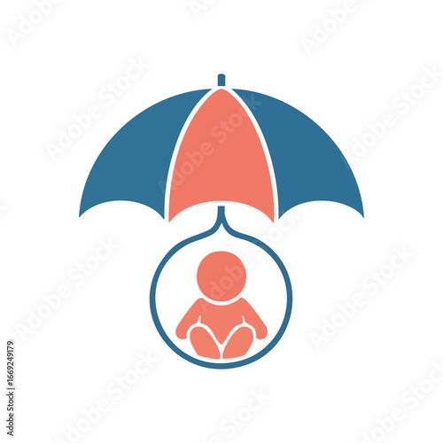 Child Protection Umbrella Icon. This graphic image features a young child under a protective parasol. It denotes safeguarding and well-being for infants, conveying parental care and health assurance.