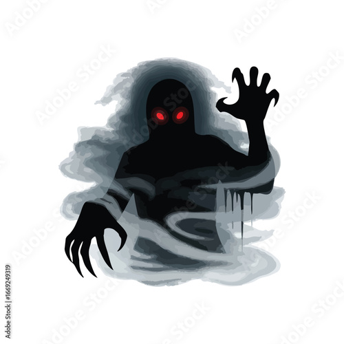 Menacing Phantom with Red Gaze. A terrifying dark entity with piercing crimson eyes emerges from an eerie ethereal mist, symbolizing lurking danger, fear, and the unknown.