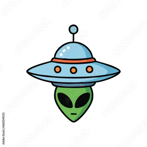 Whimsical Alien in UFO Illustration. A delightful rendition of a sentient being aboard an unidentified aerial craft. Evokes feelings of wonder, mystery, and imaginative journeys.