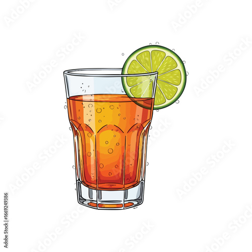 Refreshing Citrus Drink Illustration. Vibrant bubbly beverage in a tall glass, adorned with a zesty fruit slice. This lively artwork conveys summer enjoyment and celebratory moments.