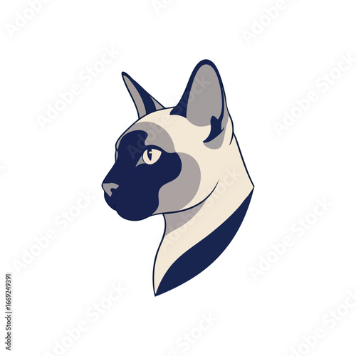 Elegant Siamese Feline Portrait. Striking headshot of a dignified Thai breed kitten with distinctive cream, charcoal, and blue coloration. Represents grace and charm.