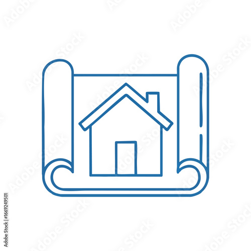 House Blueprint Sketch. An outline of a dwelling on a rolled building document. This graphic signifies meticulous preparation, innovative growth, and property aspirations.