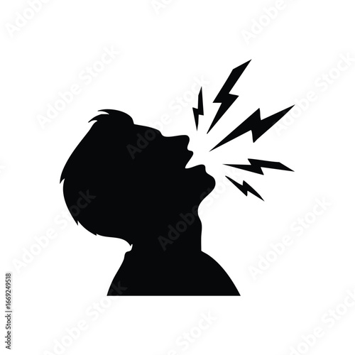 Angry Loud Shout Voice Power. This vector illustration shows a human profile screaming with energetic lightning bolts, conveying concepts like protest, rage, or influential speech.