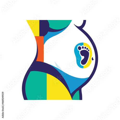 Vibrant Pregnant Woman Silhouette. This abstract illustration captures the essence of motherhood and new life. A colorful profile of an expectant parent features a tiny footprint, symbolizing joy.