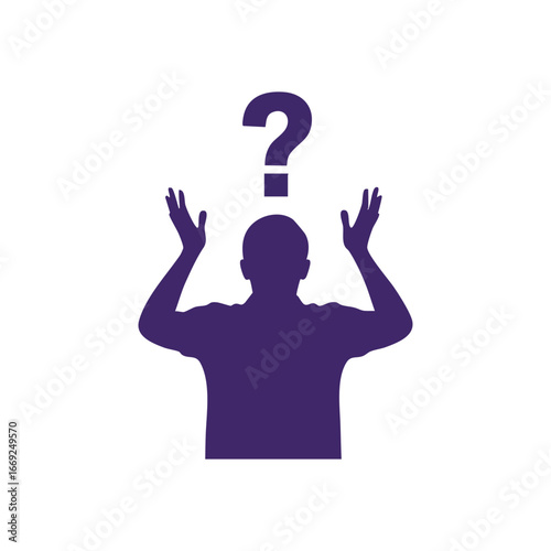 Person with Question Symbol. A stylized graphic portraying a human figure with raised hands under a query mark, symbolizing bewilderment, dilemma, or the search for answers.