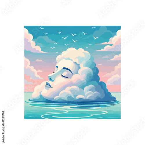 Serene Cloud Goddess Illustration. This tranquil image portrays a peaceful human-like cloud form gracefully resting on water. It evokes feelings of calm, dreams, and spiritual contemplation, perfect.