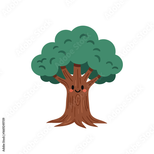 Whimsical Smiling Tree Art. This delightful arboreal character expresses joy, symbolizing nature, growth, and environmental care. Perfect for children's designs.