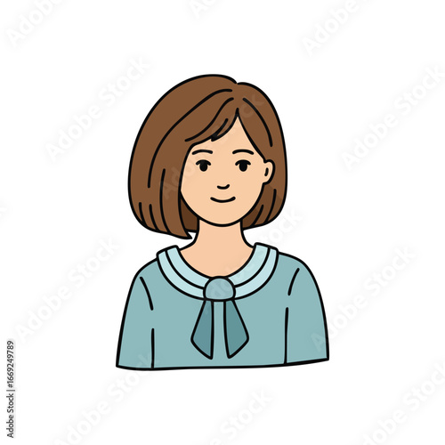 Smiling Woman Cartoon Illustration. Friendly animated person with short brown locks, donning a light blue garment. Embodies positivity and approachability.