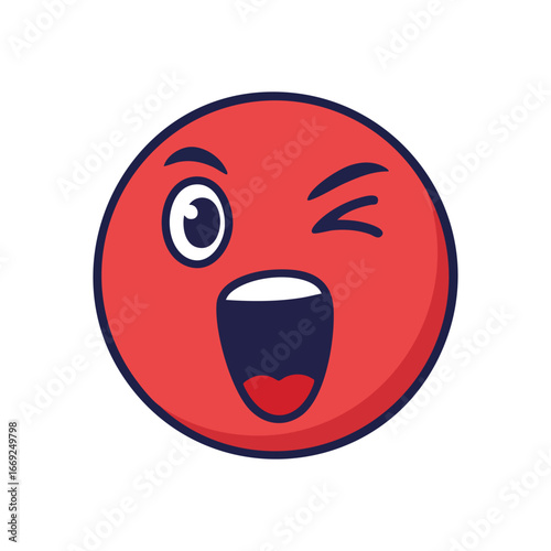 Playful Winking Emoji Cartoon Face. This vibrant red expressive symbol with a jovial wink and wide grin conveys joy, delight, or a humorous secret.