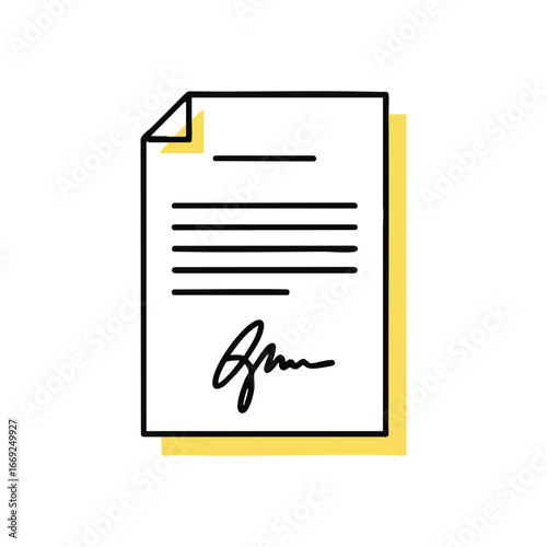 Signed Business Document. This minimalist graphic depicts an endorsed sheet of paper, conveying notions of validation, pacts, and crucial information.