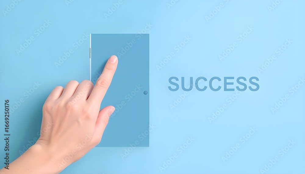 Fototapeta premium Hand Pushing Blue Door with Success Text