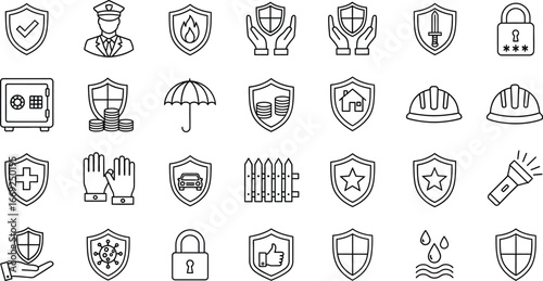 Outline security safety protection insurance icons vector set for design needs
