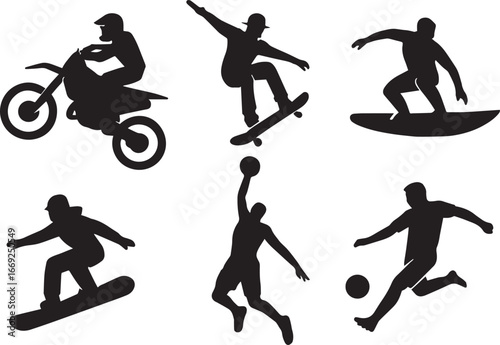 Extreme Sports Silhouettes Set | Motocross, Skateboarding, Surfing, Snowboarding, Basketball, Soccer