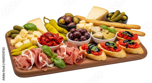 Appetizer platter with cheese, olives, prosciutto, bruschetta, and breadsticks on a wooden board.
