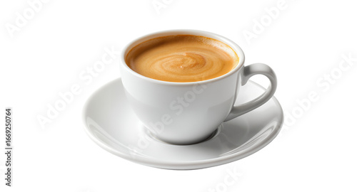 Aromatic Coffee Cup, Espresso, Cafe Beverage, Morning Drink, Hot Drink, Caffeine, White Cup, Saucer, Creamy Texture, Coffee Beans,  