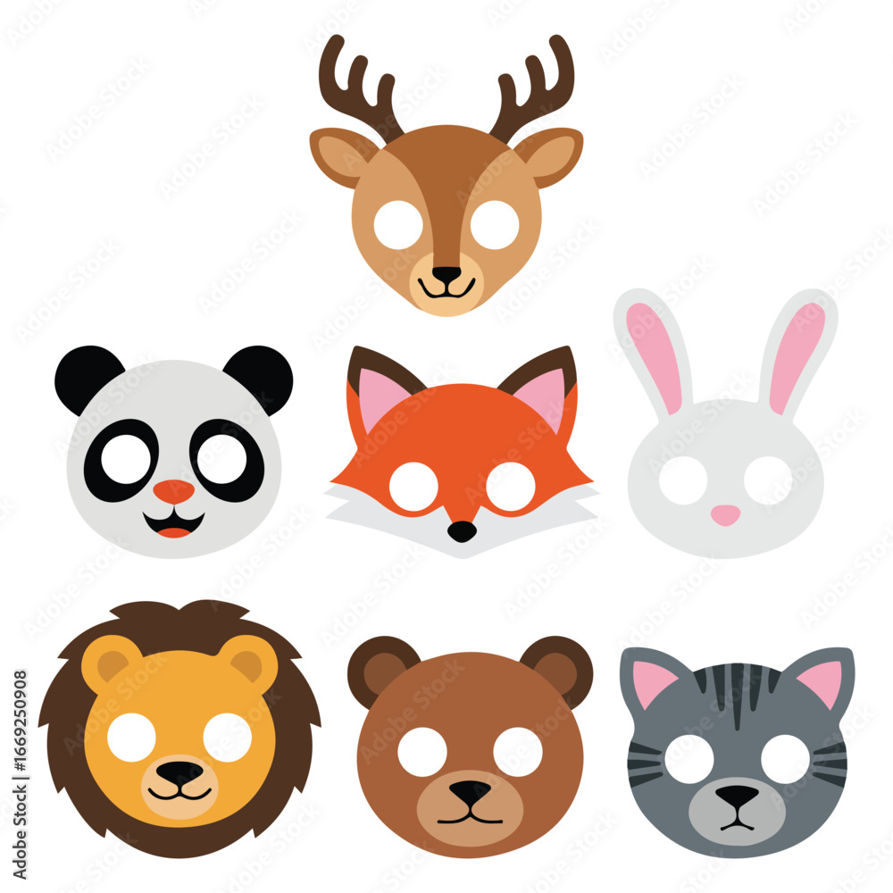 Fototapeta premium Set of assorted animal masks for party dress up isolated vector illustration on white background
