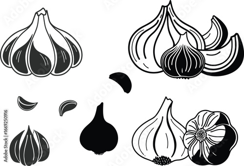 Black and white garlic illustration with bulbs and cloves arranged artistically.