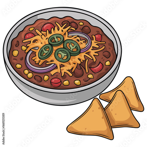 Chili con carne bowl Mexican spicy dish with meat beans vector illustration on white background