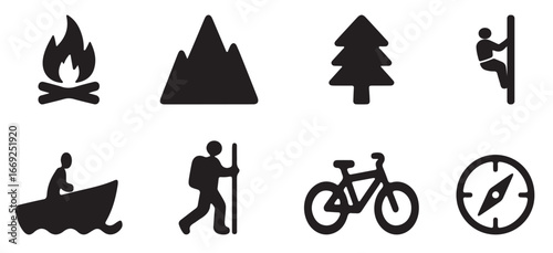Black Silhouette Icons Collection of Outdoor Activities and Nature Elements for Adventure and Recreation