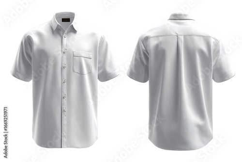 Front and Back View of a Classic White Short Sleeve Button Down Shirt, PNG