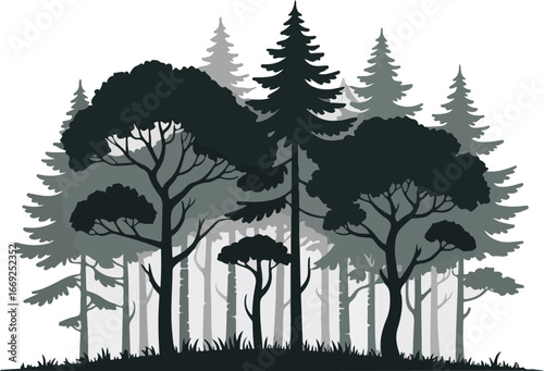  tree silhouettes of various trees on white background