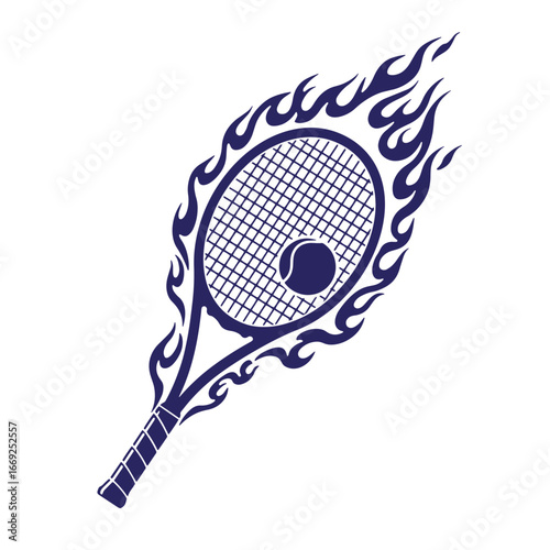 Artistic tennis racket design with flames surrounding a tennis ball on a white background