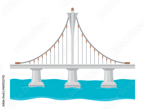 An illustration of a suspension bridge over a river. The bridge features distinct supporting pylons and a calm water surface, creating a calming visual impression.