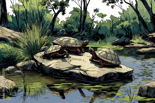 Three Turtles Basking on a Rock in a Serene Pond within a Lush Forest