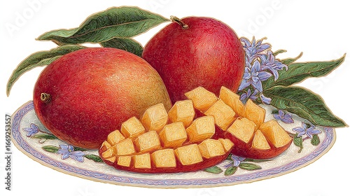 Fresh Whole and Cubed Ripe Mangoes on Decorative Plate with Leaves and Flowers, Artistic Engraving Style Illustration